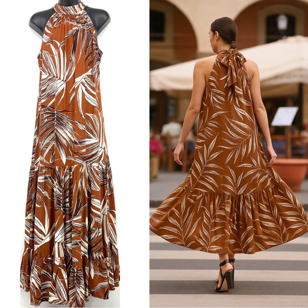 1. State Brown and White Leaf Print Maxi Dress